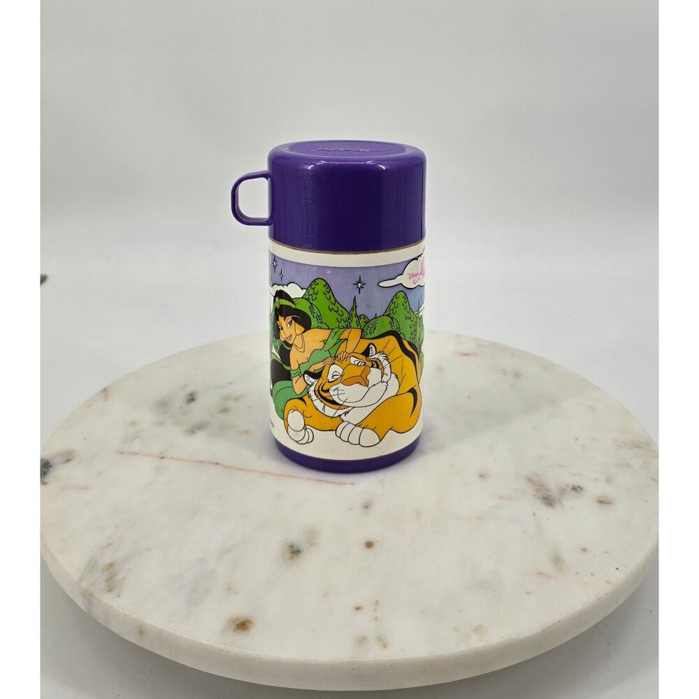 Vintage 1992 Disney Aladdin Thermos – Purple Lid – Jasmine, Aladdin, Rajah